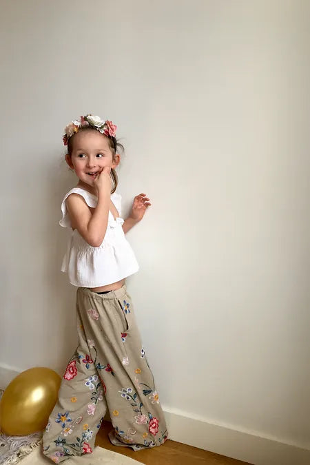 Azalée - Pantalon en lin brodé